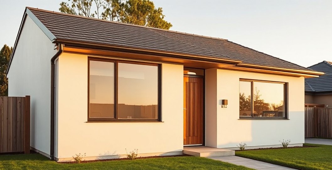 A compact modern single-storey suburban home with white plaster walls, a timber-framed entrance and black-framed windows, on a neat green stand in warm evening light.